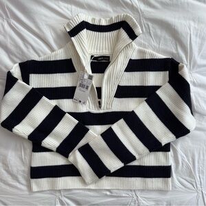 Mango White Navy Striped Mockneck Half Zip Sweater NWT, XXS
